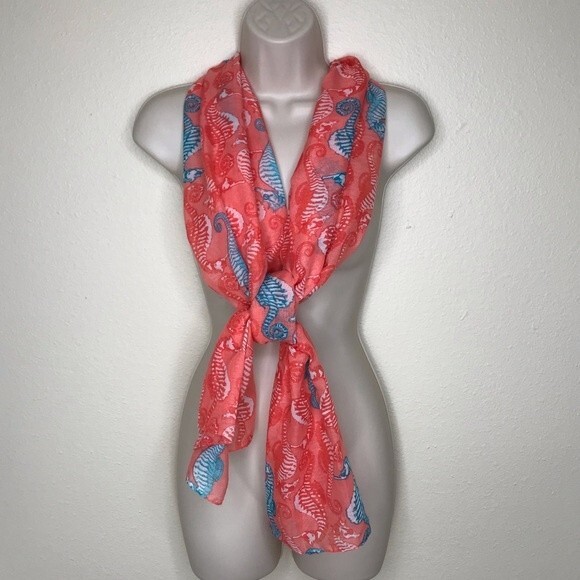 Seahorse Graphic Coral Aqua Teal Long Rectangle Scarf 22 X 71 Lightweight - Picture 4 of 7